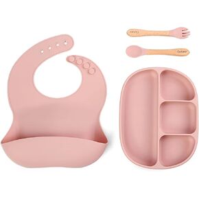 أطباق جينبير للأطفال مع شفط، مرايل سيليكون، أدوات فطام الأطفال، مجموعة تناول الطعام للأطفال الصغار (أخضر ضبابي) in Kuwait