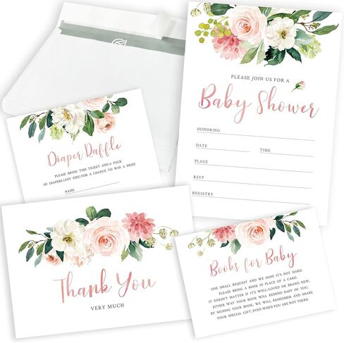 Hat Acrobat 25 Baby Shower Invitations for Girl Bundle with Envelopes and Baby Shower Thank You Cards - Including 25 Diaper Raffle Tickets and 25 Book Request Cards in Kuwait