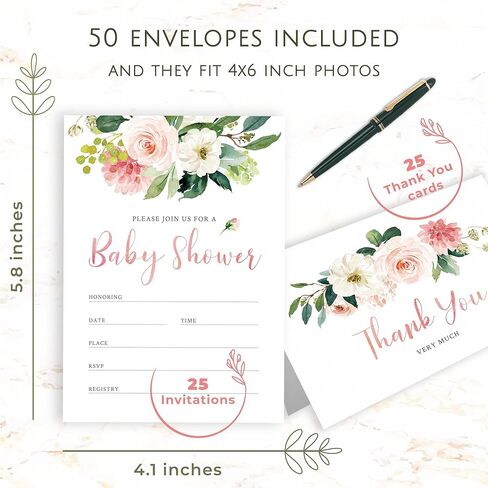 Hat Acrobat 25 Baby Shower Invitations for Girl Bundle with Envelopes and Baby Shower Thank You Cards - Including 25 Diaper Raffle Tickets and 25 Book Request Cards in Kuwait