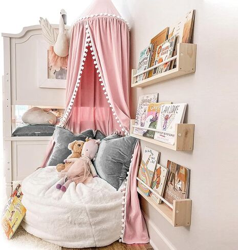 Kids Bed Canopy with Pom Pom Cotton Canopy for Crib Baby Girl Netting Cover Canopy Crib Curtain Reading Nook Hanging Tent Nursery Play Game Castle House Decoration (Gray Pompom) in Kuwait
