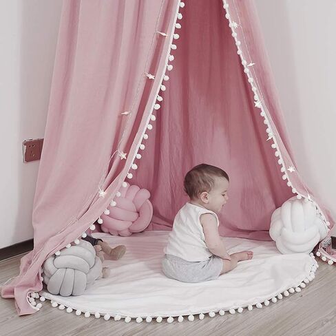 Kids Bed Canopy with Pom Pom Cotton Canopy for Crib Baby Girl Netting Cover Canopy Crib Curtain Reading Nook Hanging Tent Nursery Play Game Castle House Decoration (Gray Pompom) in Kuwait
