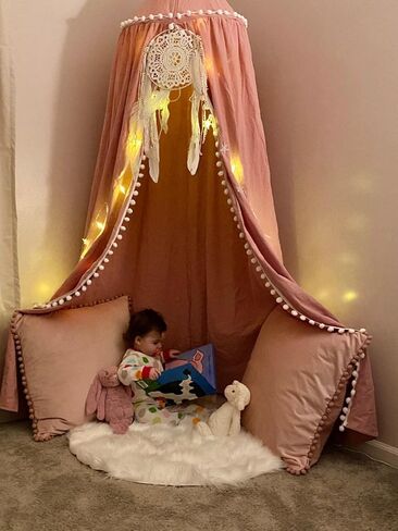 Kids Bed Canopy with Pom Pom Cotton Canopy for Crib Baby Girl Netting Cover Canopy Crib Curtain Reading Nook Hanging Tent Nursery Play Game Castle House Decoration (Gray Pompom) in Kuwait