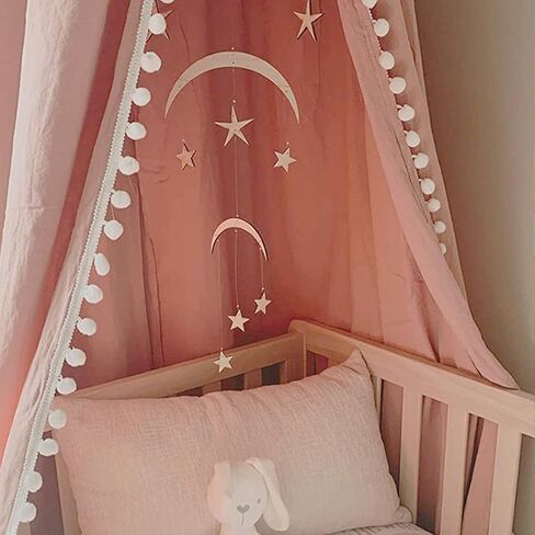 Kids Bed Canopy with Pom Pom Cotton Canopy for Crib Baby Girl Netting Cover Canopy Crib Curtain Reading Nook Hanging Tent Nursery Play Game Castle House Decoration (Gray Pompom) in Kuwait