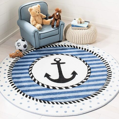 Safavieh Carousel Kids Collection 3' Round Navy/Ivory CRK124N Nautical Anchor Non-Shedding Nursery Playroom Area Rug in Saudi Arabia