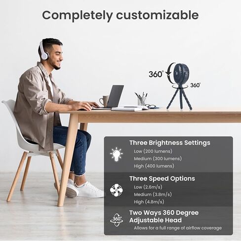 AYL Portable Fan Rechargeable Battery Operated, Small Stroller Fan with Lights, Clip On Fan, Handheld Cooling Mini Fan for Travel, Car Seat, Camping, Bedroom (Black) in Saudi Arabia