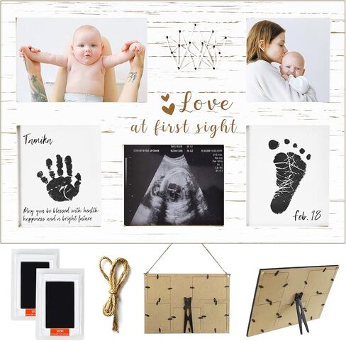 مجموعة تذكارية لبصمة يد الطفل من KOIKEY - طقم إطار خشبي مزخرف بصور بالموجات فوق الصوتية وصورة حديثي الولادة باللون البني مع وسادة طباعة غير نظيفة لاستحمام الطفل أو هدية الآباء الجدد in Kuwait
