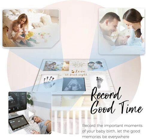 مجموعة تذكارية لبصمة يد الطفل من KOIKEY - طقم إطار خشبي مزخرف بصور بالموجات فوق الصوتية وصورة حديثي الولادة باللون البني مع وسادة طباعة غير نظيفة لاستحمام الطفل أو هدية الآباء الجدد in Kuwait