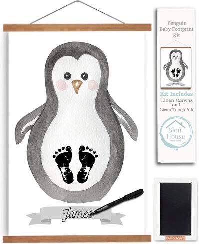 Penguin Baby Footprint Kit Keepsake - Includes 1 linen canvas with frame, 1 clean touch baby footprint ink pad, 1 marker to create your personalized baby print kit. Unique baby shower gifts. in Saudi Arabia