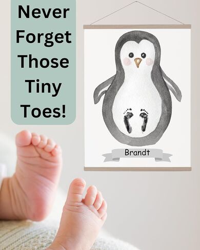 Penguin Baby Footprint Kit Keepsake - Includes 1 linen canvas with frame, 1 clean touch baby footprint ink pad, 1 marker to create your personalized baby print kit. Unique baby shower gifts. in Saudi Arabia
