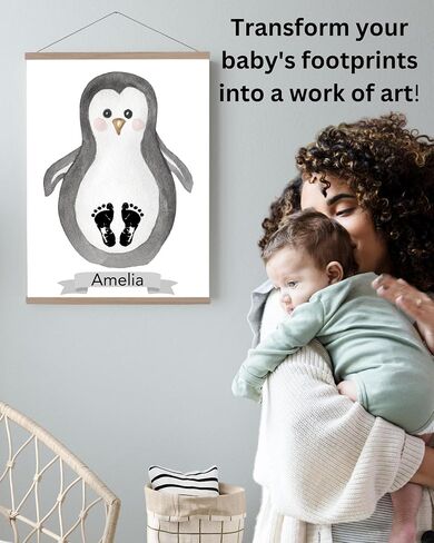 Penguin Baby Footprint Kit Keepsake - Includes 1 linen canvas with frame, 1 clean touch baby footprint ink pad, 1 marker to create your personalized baby print kit. Unique baby shower gifts. in Saudi Arabia