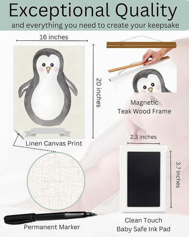 Penguin Baby Footprint Kit Keepsake - Includes 1 linen canvas with frame, 1 clean touch baby footprint ink pad, 1 marker to create your personalized baby print kit. Unique baby shower gifts. in Saudi Arabia