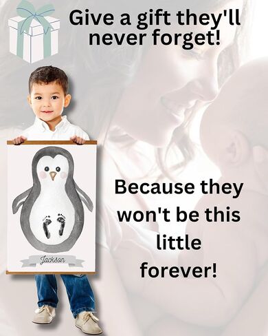 Penguin Baby Footprint Kit Keepsake - Includes 1 linen canvas with frame, 1 clean touch baby footprint ink pad, 1 marker to create your personalized baby print kit. Unique baby shower gifts. in Saudi Arabia
