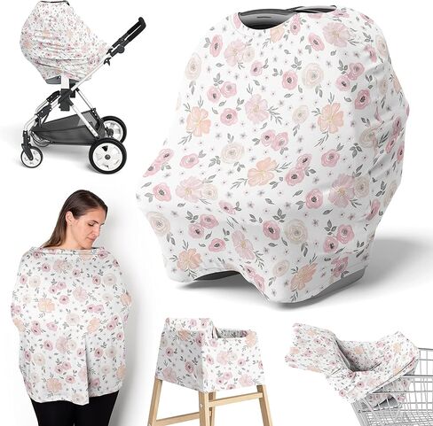 Sweet Jojo Designs Pink Watercolor Floral Girl Infant Baby Car Seat Cover Nursing Breastfeeding Shopping Cart Stroller Canopy - Pink Grey and White Boho Bohemian Shabby Chic Rose Flower Farmhouse in Kuwait