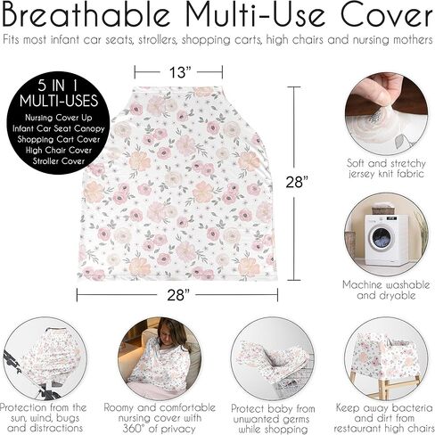 Sweet Jojo Designs Pink Watercolor Floral Girl Infant Baby Car Seat Cover Nursing Breastfeeding Shopping Cart Stroller Canopy - Pink Grey and White Boho Bohemian Shabby Chic Rose Flower Farmhouse in Kuwait