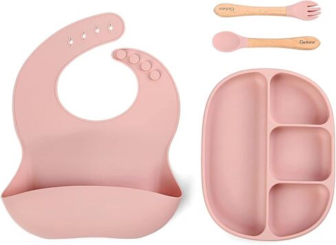 أطباق جينبير للأطفال مع شفط، مرايل سيليكون، أدوات فطام الأطفال، مجموعة تناول الطعام للأطفال الصغار (أخضر ضبابي) in Kuwait