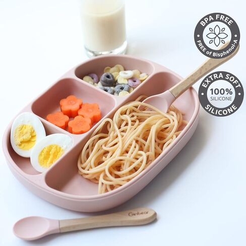 أطباق جينبير للأطفال مع شفط، مرايل سيليكون، أدوات فطام الأطفال، مجموعة تناول الطعام للأطفال الصغار (أخضر ضبابي) in Kuwait