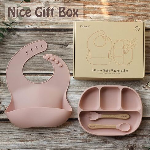 أطباق جينبير للأطفال مع شفط، مرايل سيليكون، أدوات فطام الأطفال، مجموعة تناول الطعام للأطفال الصغار (أخضر ضبابي) in Kuwait