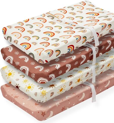 4 Pack Crib Sheets Boho Nursery Sheets Sunshine and Rainbow Desdign Neutral Unisex Fitted Baby Standard Crib Sheets for Baby Boys or Girls (Crib Sheets) in Saudi Arabia