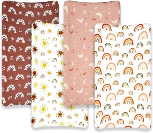 4 Pack Crib Sheets Boho Nursery Sheets Sunshine and Rainbow Desdign Neutral Unisex Fitted Baby Standard Crib Sheets for Baby Boys or Girls (Crib Sheets) in Saudi Arabia
