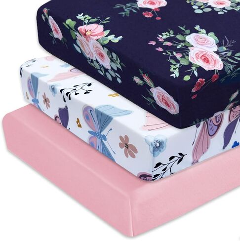 AMROSE 3 Pack Heavenly Soft Crib Sheets for Baby Girls, 28'' X 52'' Fitted Sheets for Crib and Toddler Mattress Pad, Silk Touch Gentle Breathable Microfiber, Floral & Butterfly in Saudi Arabia
