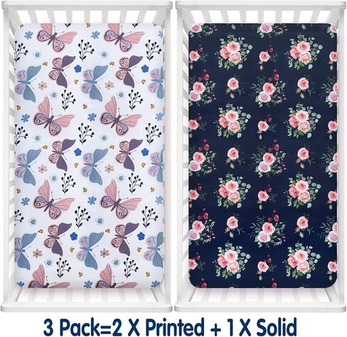 AMROSE 3 Pack Heavenly Soft Crib Sheets for Baby Girls, 28'' X 52'' Fitted Sheets for Crib and Toddler Mattress Pad, Silk Touch Gentle Breathable Microfiber, Floral & Butterfly in Saudi Arabia