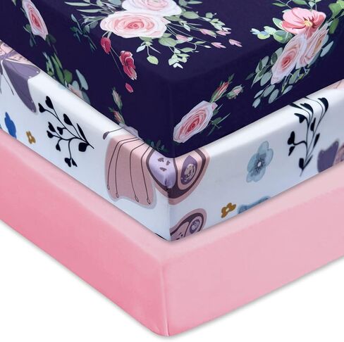AMROSE 3 Pack Heavenly Soft Crib Sheets for Baby Girls, 28'' X 52'' Fitted Sheets for Crib and Toddler Mattress Pad, Silk Touch Gentle Breathable Microfiber, Floral & Butterfly in Saudi Arabia