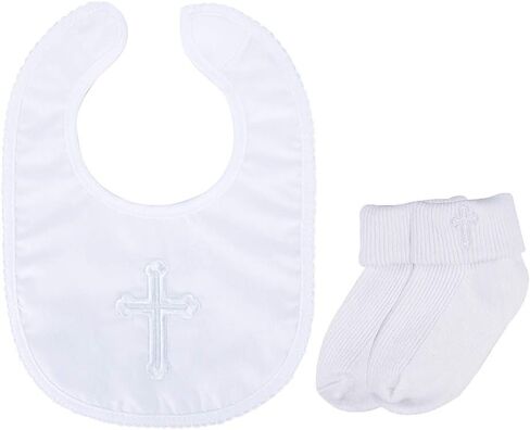 Infant Baby Boys' Girls' Christening Baptism Embroidered Cross Bib and Socks for Outfits in Saudi Arabia