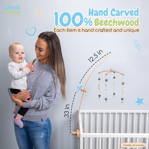 Crib Mobile Arm 33 Inches for Baby Nursery - 100% Natural Beech Wood with Extra Matching Wooden Holder Attachment and Anti Slip Clamping System (Curved) in Saudi Arabia