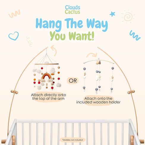 Crib Mobile Arm 33 Inches for Baby Nursery - 100% Natural Beech Wood with Extra Matching Wooden Holder Attachment and Anti Slip Clamping System (Curved) in Saudi Arabia