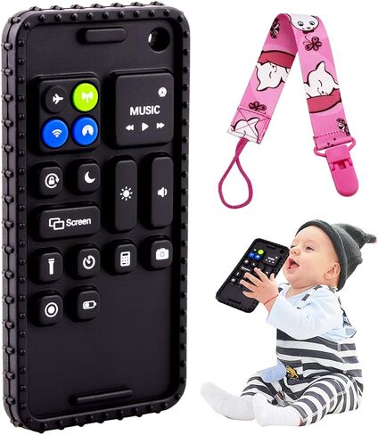 Baby Phone Teething Toys for Babies 0-3, 0-6, 6-12 Months | Soft Silicone Baby Cell Phone Teethers Toys | Baby Fidget Toys 0-6 Months | Infant Teether for Breastfeeding Baby Boy Girl (Black) in Kuwait