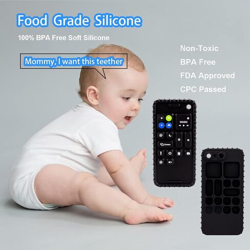 Baby Phone Teething Toys for Babies 0-3, 0-6, 6-12 Months | Soft Silicone Baby Cell Phone Teethers Toys | Baby Fidget Toys 0-6 Months | Infant Teether for Breastfeeding Baby Boy Girl (Black) in Kuwait