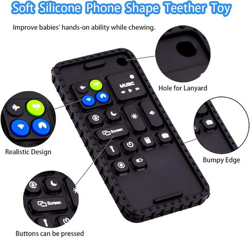 Baby Phone Teething Toys for Babies 0-3, 0-6, 6-12 Months | Soft Silicone Baby Cell Phone Teethers Toys | Baby Fidget Toys 0-6 Months | Infant Teether for Breastfeeding Baby Boy Girl (Black) in Kuwait