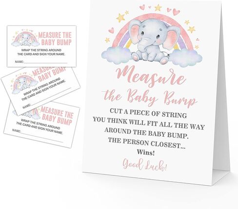 لعبة قياس بطن الأم، شكل فيل قوس قزح، لافتة واحدة و50 مجموعة بطاقات تخمين، قم بقياس نتوء الطفل، ما هو حجم لافتة طاولة بطن الأم، ألعاب حفلات استحمام الطفل - BUMP-b003 in Kuwait