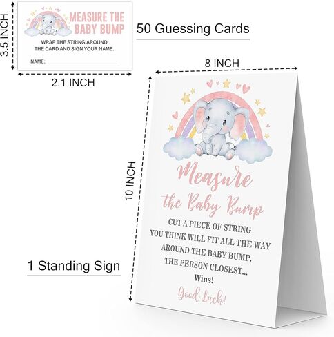 لعبة قياس بطن الأم، شكل فيل قوس قزح، لافتة واحدة و50 مجموعة بطاقات تخمين، قم بقياس نتوء الطفل، ما هو حجم لافتة طاولة بطن الأم، ألعاب حفلات استحمام الطفل - BUMP-b003 in Kuwait