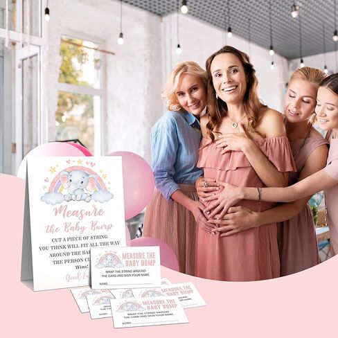 لعبة قياس بطن الأم، شكل فيل قوس قزح، لافتة واحدة و50 مجموعة بطاقات تخمين، قم بقياس نتوء الطفل، ما هو حجم لافتة طاولة بطن الأم، ألعاب حفلات استحمام الطفل - BUMP-b003 in Kuwait