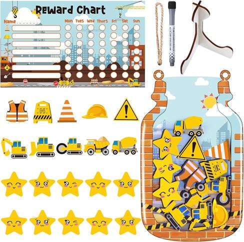 Pasimy 45 Pcs Reward Jar for Kids Construction Theme Reward Chart for Toddlers Potty Training Chart Good Behavior Home Reward Jar for Classroom Decor School Motivate Management Tool Supplies in Saudi Arabia