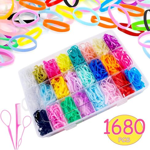 اربطة شعر مطاطية مرنة للبنات الصغار مع صندوق منظم، اربطة شعر ملونة صغيرة للاطفال الصغار من 1680 قطعة توباتوبا - 24 لون in Kuwait