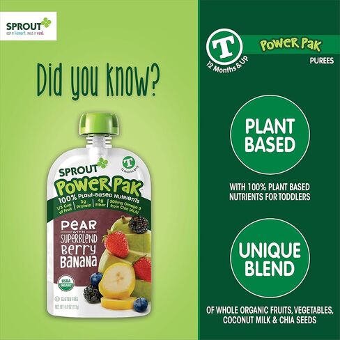 Sprout Organic Baby Food, Stage 4 Toddler Pouches, Pear & Blackberry Banana Power Pak, 4 Oz Purees (Pack of 6) in Saudi Arabia