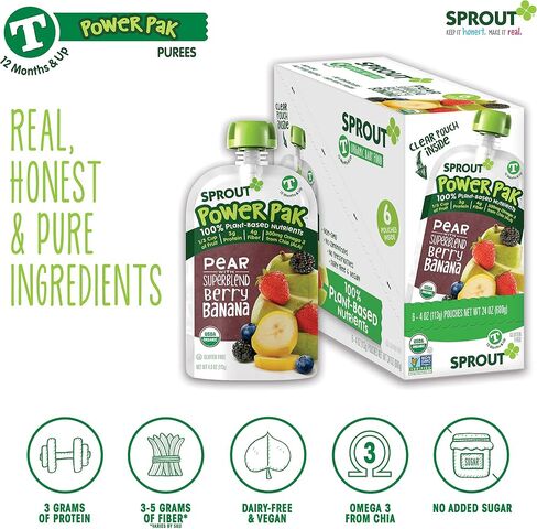 Sprout Organic Baby Food, Stage 4 Toddler Pouches, Pear & Blackberry Banana Power Pak, 4 Oz Purees (Pack of 6) in Saudi Arabia