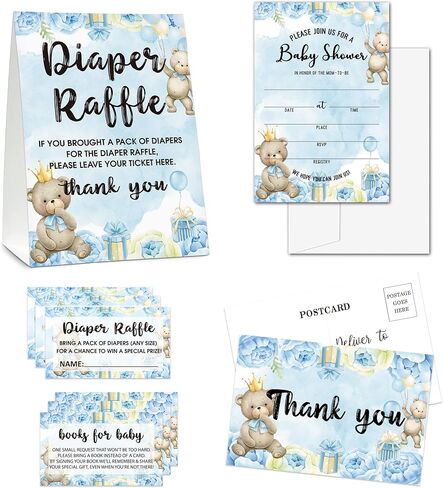 Baby Shower Cards Kit - We can Bearly Wait Set of 25 Baby Shower Invitations with Envelopes, Diaper Raffle Sign & Tickets, Thank You Postcards, Book Request Cards for Baby Shower - Watercolor Blue Balloons Baby Shower Party Favor Decoration(05) in Saudi Arabia