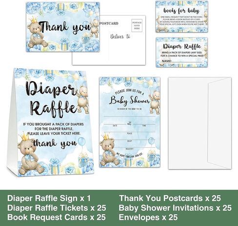 Baby Shower Cards Kit - We can Bearly Wait Set of 25 Baby Shower Invitations with Envelopes, Diaper Raffle Sign & Tickets, Thank You Postcards, Book Request Cards for Baby Shower - Watercolor Blue Balloons Baby Shower Party Favor Decoration(05) in Saudi Arabia