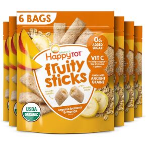 HAPPYTOT Organics Fruity Sticks, Oat & Fruit Filled Grain Sticks, Banana & Mango, Organic Toddler Snack, 2.5 Ounce Bag (Pack of 6)