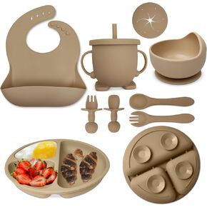 Baby Feeding Set 8-Piece | Baby Led Weaning Utensils Set Includes Suction Bowl and Plate, Baby Spoon and Fork, Sippy Cup with Straw and Lid | Baby Feeding Supplies (Army Green) in Kuwait