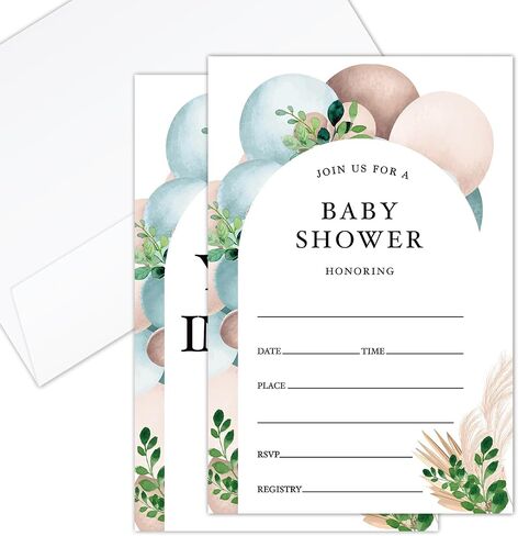 Baby Shower Invitations for Boy or Girl, Balloon Baby Gender Reveal Party Invitation, Greenery Baby Shower Party Fill-in Invites and Envelopes Set of 25 - A002 in Saudi Arabia