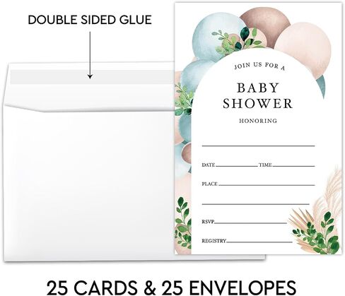 Baby Shower Invitations for Boy or Girl, Balloon Baby Gender Reveal Party Invitation, Greenery Baby Shower Party Fill-in Invites and Envelopes Set of 25 - A002 in Saudi Arabia
