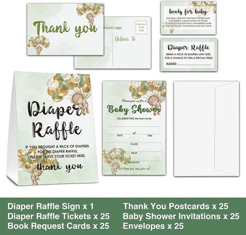 Baby Shower Cards Kit - We can Bearly Wait Set of 25 Baby Shower Invitations with Envelopes, Diaper Raffle Sign & Tickets, Thank You Postcards, Book Request Cards for Baby Shower - Watercolor Green Balloons Bear Baby Shower Party Favor Decoration(09) in Saudi Arabia