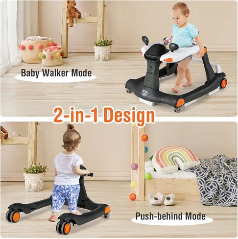 BABY JOY 2 in 1 Baby Walker, Foldable Activity Walker with Adjustable Height & Speed, Music, Lights, Mirrors, Padded Seat Cushion, Activity Baby Push Walker for Toddler Boys Girls, Ages 6-18 Months in Kuwait