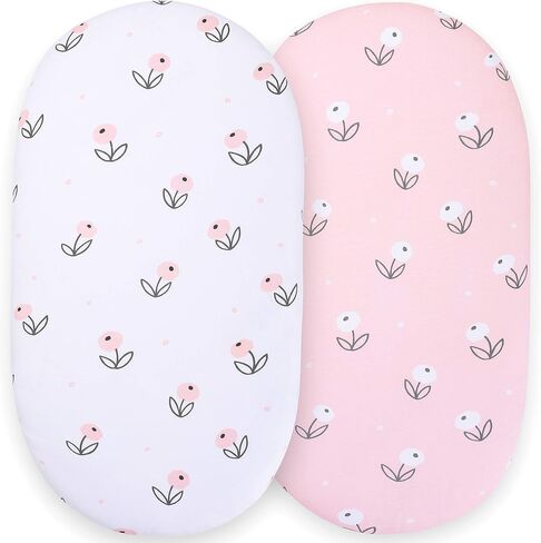 Bassinet Sheets for Baby Girl Set of 2 by Tansy Panda - Ultra Soft, Breathable, 100% Organic Cotton - Compatible with Halo, Hourglass, Rectangle Bassinet Mattress Pad - Pink and White Floral in Saudi Arabia