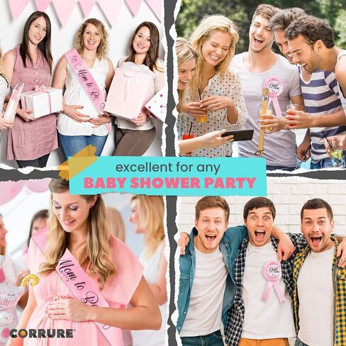 وشاح استحمام الطفل ودبوس زر للأولاد من CORRURE - وشاح "Mom to Be" ودبوس "Dad to Be" مع شريط أزرق جميل ونص أسود لامع - هدية مثالية للأم والأب للكشف عن الجنس/حفلة استقبال الطفل in Kuwait