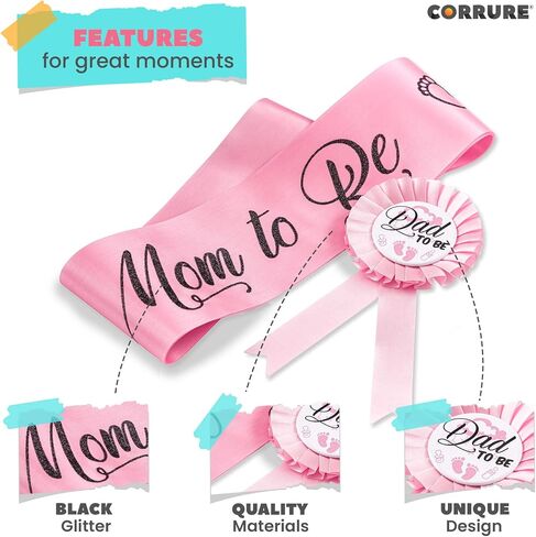 وشاح استحمام الطفل ودبوس زر للأولاد من CORRURE - وشاح "Mom to Be" ودبوس "Dad to Be" مع شريط أزرق جميل ونص أسود لامع - هدية مثالية للأم والأب للكشف عن الجنس/حفلة استقبال الطفل in Kuwait
